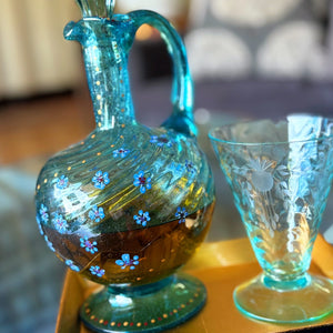 My House by Marine Glass decanters Vintage Turquoise Hand-Blown Crystal Decanter with Artisan Hand Painted Decorations