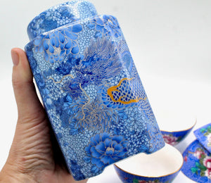 My House by Marine hand painted ceramic box Elegant Blue and Gold Dragon Tea Canister - Traditional Oriental Decor