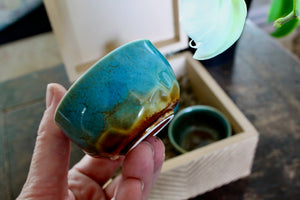 My House by Marine Porcelain Sake Set Handcrafted Ceramic Sake Set: Teal Glaze Bottle & 2 Cups in Wooden Gift Box