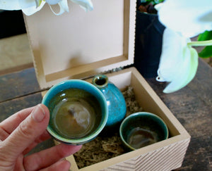 My House by Marine Porcelain Sake Set Handcrafted Ceramic Sake Set: Teal Glaze Bottle & 2 Cups in Wooden Gift Box