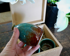 My House by Marine Porcelain Sake Set Handcrafted Ceramic Sake Set: Teal Glaze Bottle & 2 Cups in Wooden Gift Box