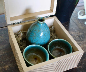 My House by Marine Porcelain Sake Set Handcrafted Ceramic Sake Set: Teal Glaze Bottle & 2 Cups in Wooden Gift Box