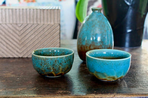 My House by Marine Porcelain Sake Set Handcrafted Ceramic Sake Set: Teal Glaze Bottle & 2 Cups in Wooden Gift Box