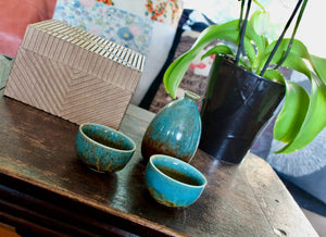 My House by Marine Porcelain Sake Set Handcrafted Ceramic Sake Set: Teal Glaze Bottle & 2 Cups in Wooden Gift Box
