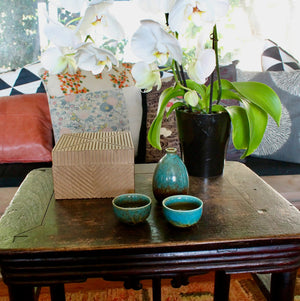 My House by Marine Porcelain Sake Set Handcrafted Ceramic Sake Set: Teal Glaze Bottle & 2 Cups in Wooden Gift Box