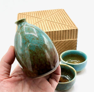 My House by Marine Porcelain Sake Set Handcrafted Ceramic Sake Set: Teal Glaze Bottle & 2 Cups in Wooden Gift Box
