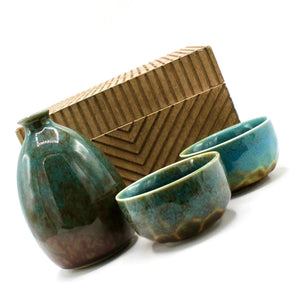 My House by Marine Porcelain Sake Set Handcrafted Ceramic Sake Set: Teal Glaze Bottle & 2 Cups in Wooden Gift Box