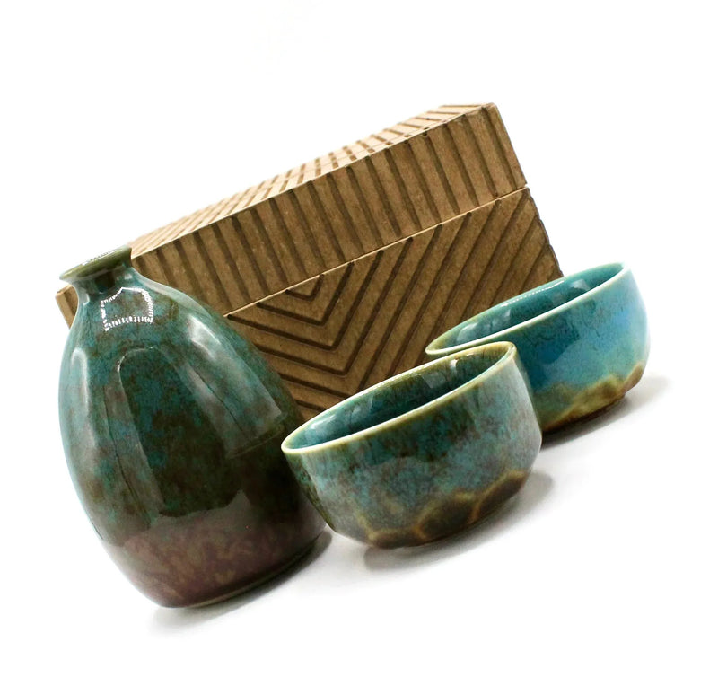 My House by Marine Porcelain Sake Set Handcrafted Ceramic Sake Set: Teal Glaze Bottle & 2 Cups in Wooden Gift Box
