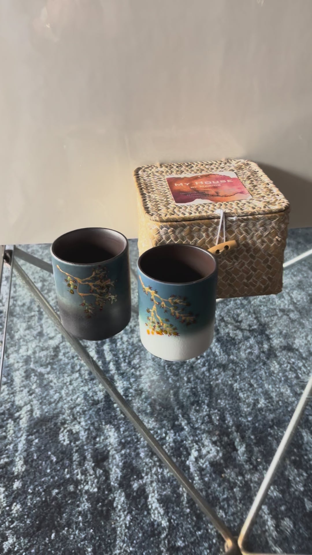 Hand Painted Japanese Ceramic Coffee and Tea Mug Set of 2 in Traditional Basket