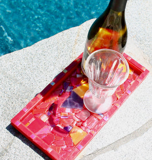 My House by Marine Stained Glass tray Beach Glass Mosaic Serving Tray: Back-to-Nature Inspired Decorative Piece for Home, Beach, or Cottage