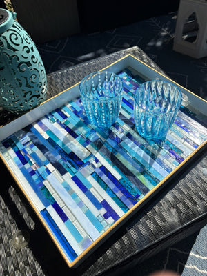 My House by Marine Stained Glass tray Handmade Large Blue/Green Stained Glass Mosaic Tray - Arts & Crafts Style Home Decor