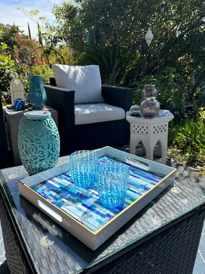 My House by Marine Stained Glass tray Handmade Large Blue/Green Stained Glass Mosaic Tray - Arts & Crafts Style Home Decor