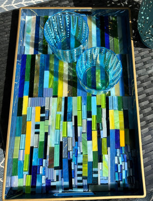 My House by Marine Stained Glass tray Handmade Large Blue/Green Stained Glass Mosaic Tray - Arts & Crafts Style Home Decor