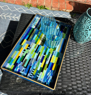 My House by Marine Stained Glass tray Handmade Large Blue/Green Stained Glass Mosaic Tray - Arts & Crafts Style Home Decor