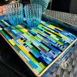 My House by Marine Stained Glass tray Handmade Large Blue/Green Stained Glass Mosaic Tray - Arts & Crafts Style Home Decor