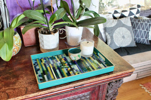 My House by Marine Stained Glass tray Handmade Large teal green Stained Glass Mosaic Tray - Arts & Crafts Style Home Decor