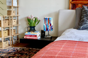 My House by Marine table lamp Stained Glass Bedside Lamp: Art Deco Touch Control Table Lamp in Red & Blue