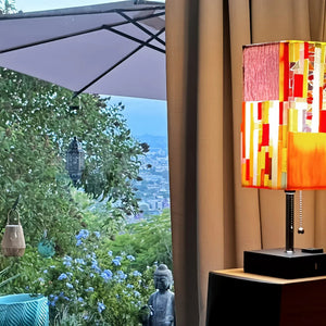 My House by Marine table lamp Stained Glass Bedside Lamp: Art Deco Touch Control Table Lamp in Red & Yellow