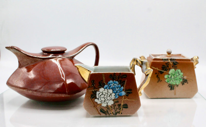 My House by Marine Vintage ceramic teapot set Original Vintage Art Deco Rust & Gold Tea Set - Hand Painted Treasure Find