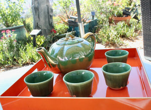 My House by Marine Vintage ceramic teapot set Vintage Bright Apple Green Teapot Set with Woven Basket and 4 Cups