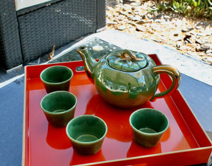 My House by Marine Vintage ceramic teapot set Vintage Bright Apple Green Teapot Set with Woven Basket and 4 Cups
