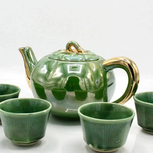 My House by Marine Vintage ceramic teapot set Vintage Bright Apple Green Teapot Set with Woven Basket and 4 Cups