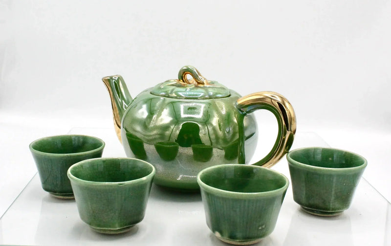 My House by Marine Vintage ceramic teapot set Vintage Bright Apple Green Teapot Set with Woven Basket and 4 Cups