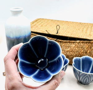 My House by Marine vintage Sake Set Contemporary Ceramic Sake Set with Tall Ombré Bottle and 3 Dark Blue Cups in Handwoven Gift Basket