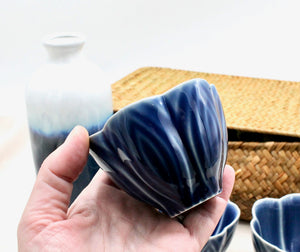 My House by Marine vintage Sake Set Contemporary Ceramic Sake Set with Tall Ombré Bottle and 3 Dark Blue Cups in Handwoven Gift Basket