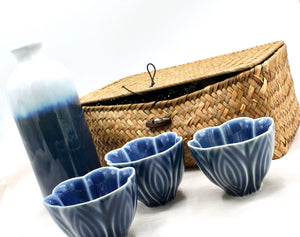 My House by Marine vintage Sake Set Contemporary Ceramic Sake Set with Tall Ombré Bottle and 3 Dark Blue Cups in Handwoven Gift Basket