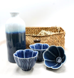 My House by Marine vintage Sake Set Contemporary Ceramic Sake Set with Tall Ombré Bottle and 3 Dark Blue Cups in Handwoven Gift Basket