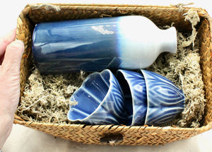 My House by Marine vintage Sake Set Contemporary Ceramic Sake Set with Tall Ombré Bottle and 3 Dark Blue Cups in Handwoven Gift Basket