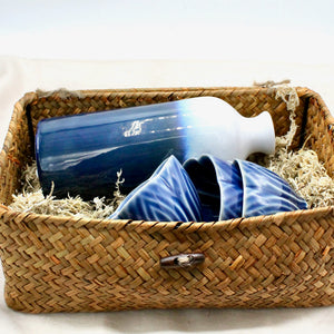 My House by Marine vintage Sake Set Contemporary Ceramic Sake Set with Tall Ombré Bottle and 3 Dark Blue Cups in Handwoven Gift Basket
