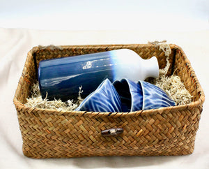 My House by Marine vintage Sake Set Contemporary Ceramic Sake Set with Tall Ombré Bottle and 3 Dark Blue Cups in Handwoven Gift Basket