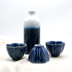My House by Marine vintage Sake Set Contemporary Ceramic Sake Set with Tall Ombré Bottle and 3 Dark Blue Cups in Handwoven Gift Basket