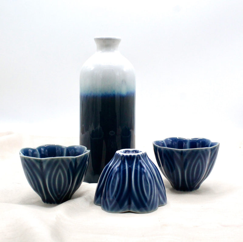 My House by Marine vintage Sake Set Contemporary Ceramic Sake Set with Tall Ombré Bottle and 3 Dark Blue Cups in Handwoven Gift Basket