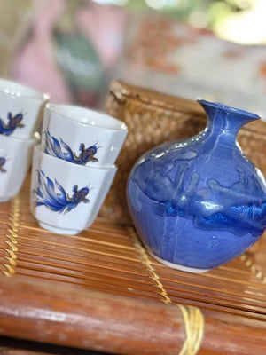 My House by Marine vintage Sake Set Delicate Blue Ceramic Sake Set in Woven Basket - Authentic Asian Pottery Decor