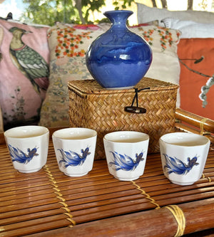 My House by Marine vintage Sake Set Delicate Blue Ceramic Sake Set in Woven Basket - Authentic Asian Pottery Decor