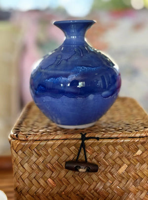 My House by Marine vintage Sake Set Delicate Blue Ceramic Sake Set in Woven Basket - Authentic Asian Pottery Decor