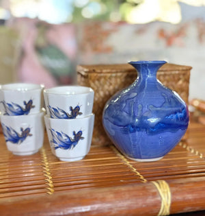 My House by Marine vintage Sake Set Delicate Blue Ceramic Sake Set in Woven Basket - Authentic Asian Pottery Decor