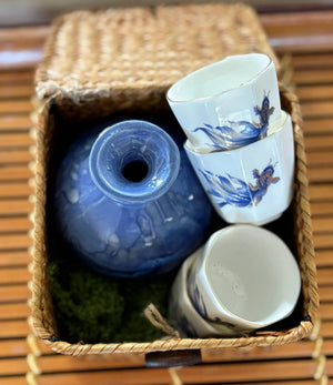My House by Marine vintage Sake Set Delicate Blue Ceramic Sake Set in Woven Basket - Authentic Asian Pottery Decor