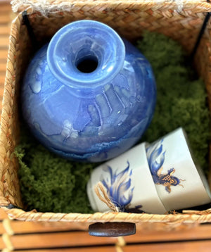 My House by Marine vintage Sake Set Delicate Blue Ceramic Sake Set in Woven Basket - Authentic Asian Pottery Decor