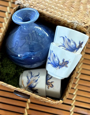 My House by Marine vintage Sake Set Delicate Blue Ceramic Sake Set in Woven Basket - Authentic Asian Pottery Decor