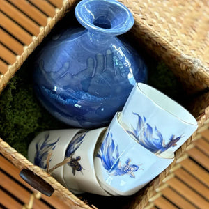 My House by Marine vintage Sake Set Delicate Blue Ceramic Sake Set in Woven Basket - Authentic Asian Pottery Decor