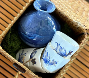 My House by Marine vintage Sake Set Delicate Blue Ceramic Sake Set in Woven Basket - Authentic Asian Pottery Decor