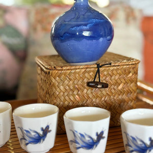 My House by Marine vintage Sake Set Delicate Blue Ceramic Sake Set in Woven Basket - Authentic Asian Pottery Decor