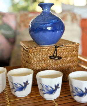 My House by Marine vintage Sake Set Delicate Blue Ceramic Sake Set in Woven Basket - Authentic Asian Pottery Decor