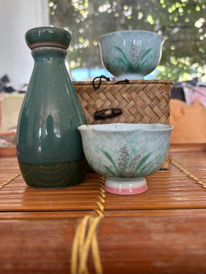 My House by Marine vintage Sake Set Hand-Painted Ceramic Sake Set: Oriental Pottery with Woven Gift Basket