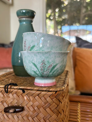 My House by Marine vintage Sake Set Hand-Painted Ceramic Sake Set: Oriental Pottery with Woven Gift Basket