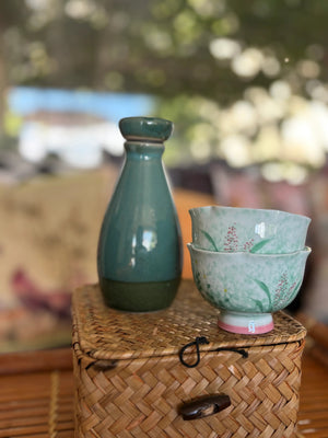 My House by Marine vintage Sake Set Hand-Painted Ceramic Sake Set: Oriental Pottery with Woven Gift Basket